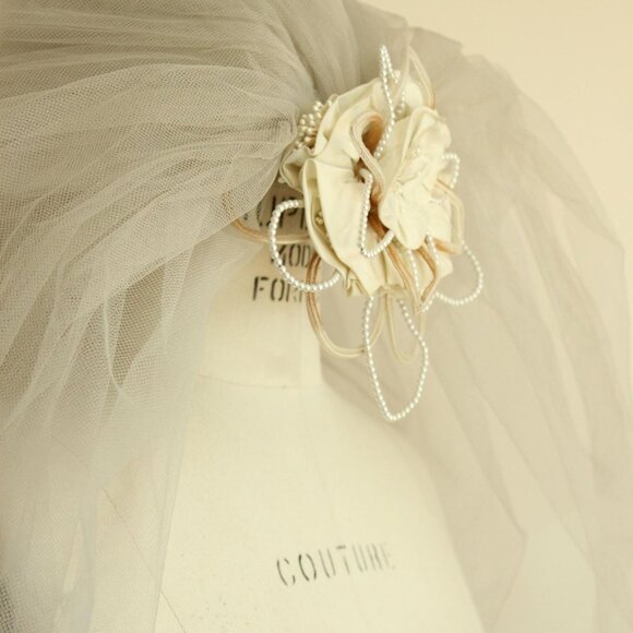 Vintage 1940s 1950s Bridal Veil With Tulle And Pearl Trim, Winter White Blusher - Picture 4 of 10